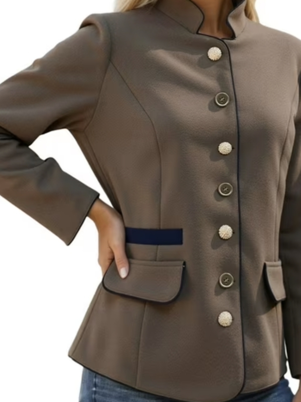 Women's Dark Taupe Button-Front Tailored Jacket with Navy Trim